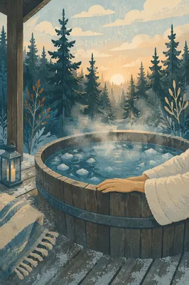 Outdoor Cold Plunge Tub in Winter Forest