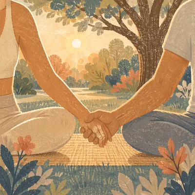 Couple Partner Yoga Hands in Golden Park