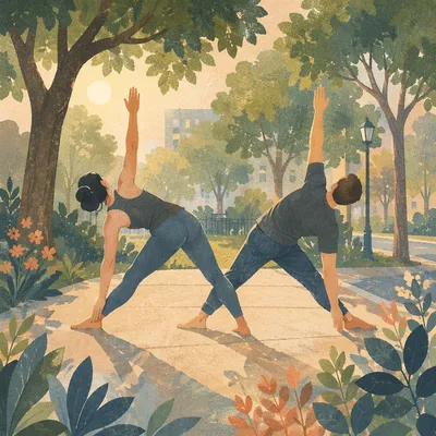 Partner Yoga Stretch in Sunlit Urban Park