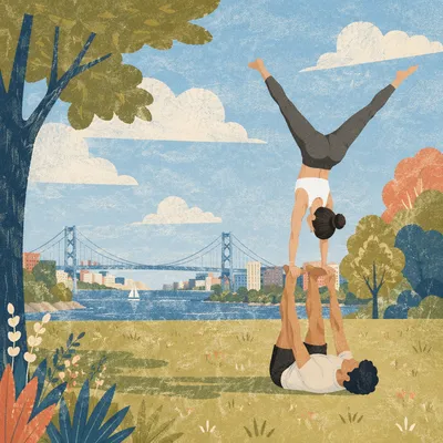Couple Practicing Partner Yoga in Sunny Park