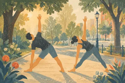 Outdoor Partner Yoga in Morning Park