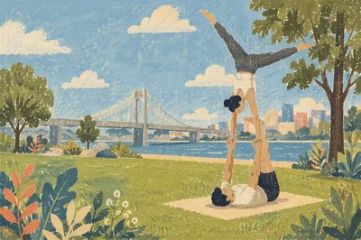 Couple Practicing Partner Yoga in Waterfront Park