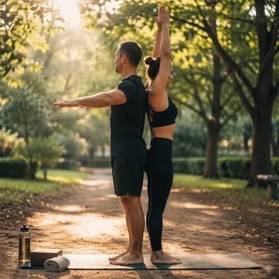 Couple Practicing Partner Yoga in Sunny Park