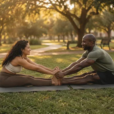 Couple Partner Yoga in Golden Hour Park