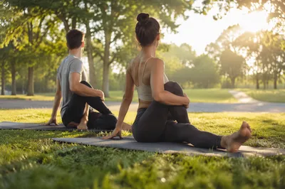Couple Practicing Partner Yoga at Sunrise