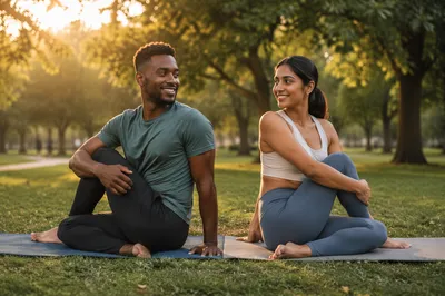 Couple Practicing Partner Yoga in Park
