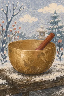 Crystal Singing Bowl in Snowy Winter Garden