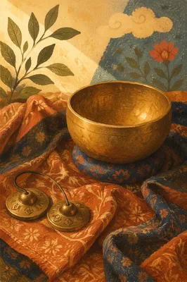 Singing Bowl Meditation on Patterned Fabric