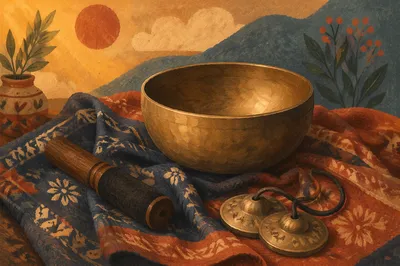 Meditation Singing Bowl on Patterned Fabric