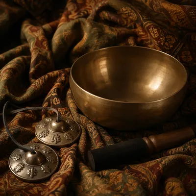Meditation Singing Bowl on Warm Draped Fabric