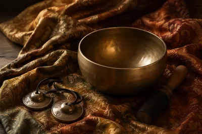 Meditation Singing Bowl on Warm Draped Fabric