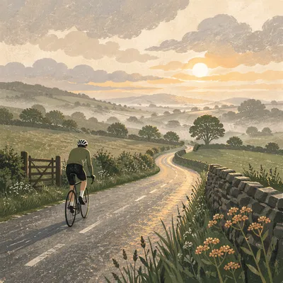 Cyclist on Misty Countryside Morning Ride