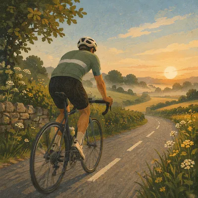 Cyclist at Sunrise on Country Road