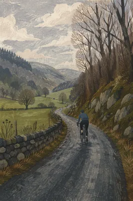 Lone Cyclist on Winding Countryside Lane