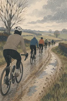 Countryside Road Cyclists in Misty Morning