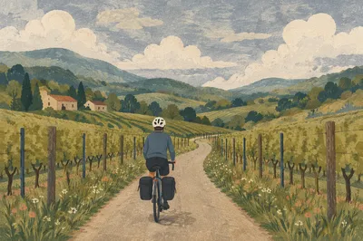 Cyclist on Vineyard Countryside Road