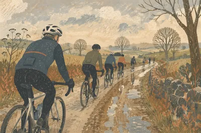 Countryside Road Cyclists in Misty Morning