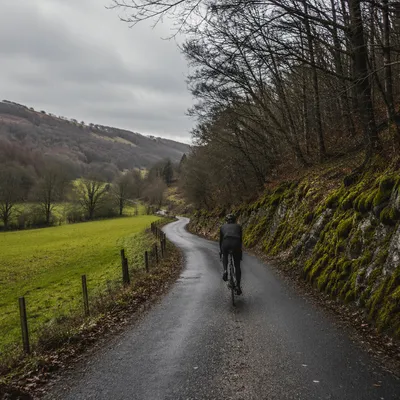Lone Cyclist on Winding Countryside Road