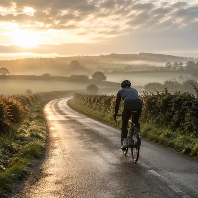 Lone Cyclist on Misty Country Lane