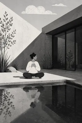 Calm Deep Breathing in Modern Courtyard