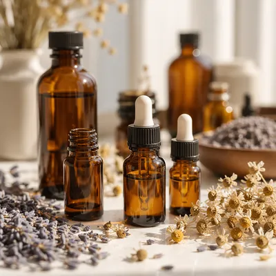 Amber Essential Oil Bottles with Lavender Herbs