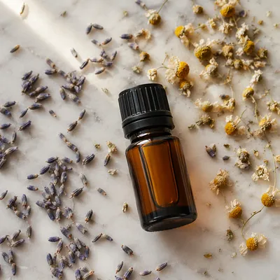 Amber Essential Oil Bottle with Lavender Herbs