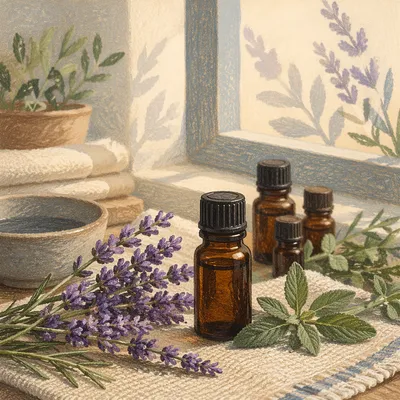 Lavender Essential Oil Bottles in Morning Spa