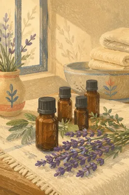 Lavender Essential Oil Bottles with Fresh Herbs