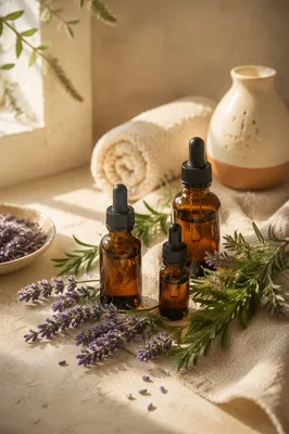 Amber Essential Oil Bottles with Lavender Herbs