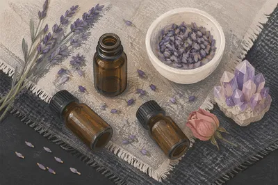 Lavender Essential Oils on Rustic Linen