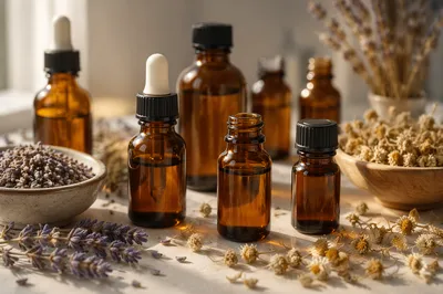 Amber Essential Oil Bottles with Lavender Herbs