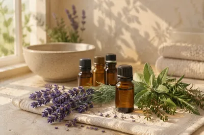 Lavender Essential Oil Bottles in Morning Spa