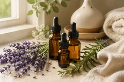 Lavender Essential Oil Bottles and Herbs