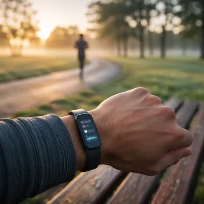 Fitness Tracker on Wrist at Sunrise