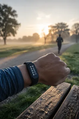 Fitness Tracker on Wrist at Sunrise