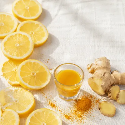 Turmeric Ginger Lemon Wellness Shot Flat Lay