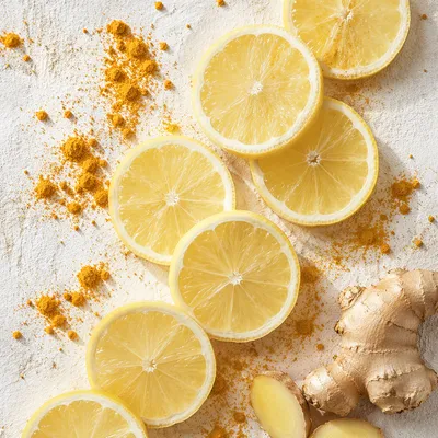 Fresh Lemon Turmeric Ginger Wellness Flat Lay