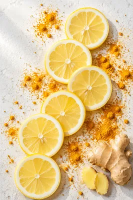 Fresh Turmeric Ginger Lemon Wellness Flat Lay