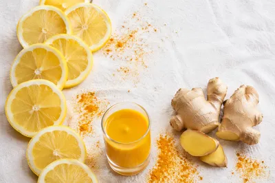 Turmeric Ginger Lemon Wellness Shot Flat Lay
