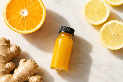 Turmeric Ginger Lemon Wellness Shot Flat Lay
