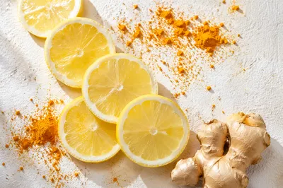 Fresh Turmeric Ginger Lemon Wellness Flat Lay