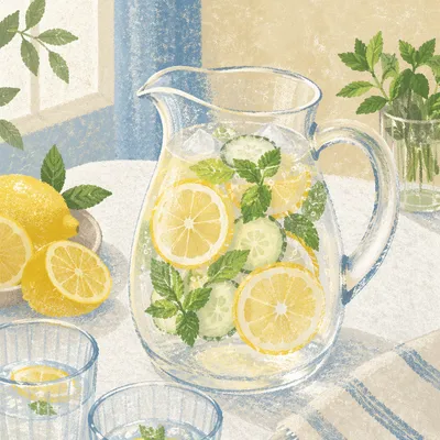 Citrus Infused Water Pitcher on White Linen