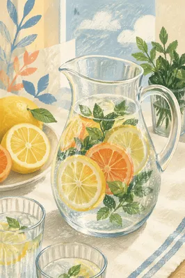 Citrus Infused Water Pitcher on White Linen