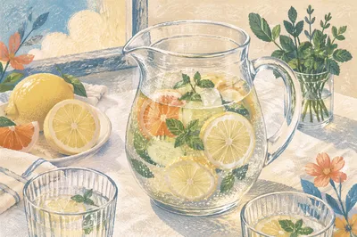 Citrus Infused Water Pitcher on White Linen