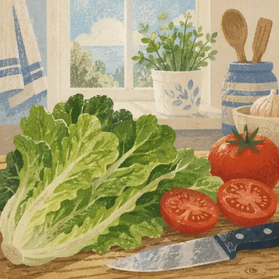 Fresh Green Salad Preparation in Morning Kitchen