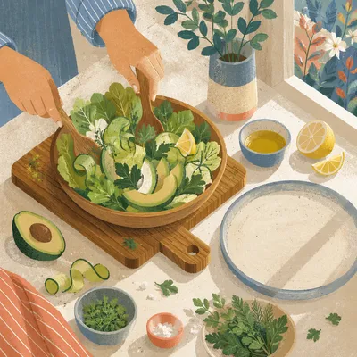Fresh Green Salad Preparation in Bright Kitchen