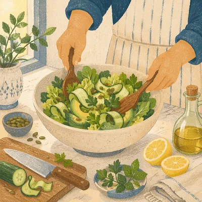 Fresh Green Salad Preparation in Bright Kitchen