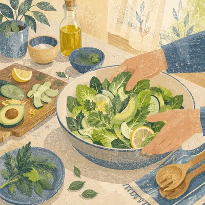 Fresh Green Salad Prep in Sunlit Kitchen
