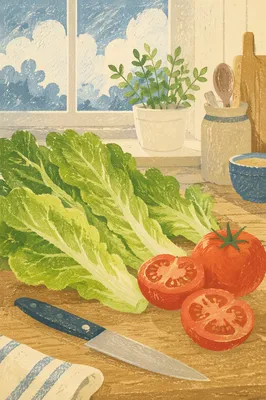 Fresh Green Salad Preparation in Morning Kitchen