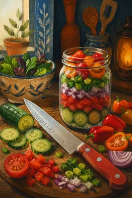 Fresh Green Salad Preparation on Rustic Table